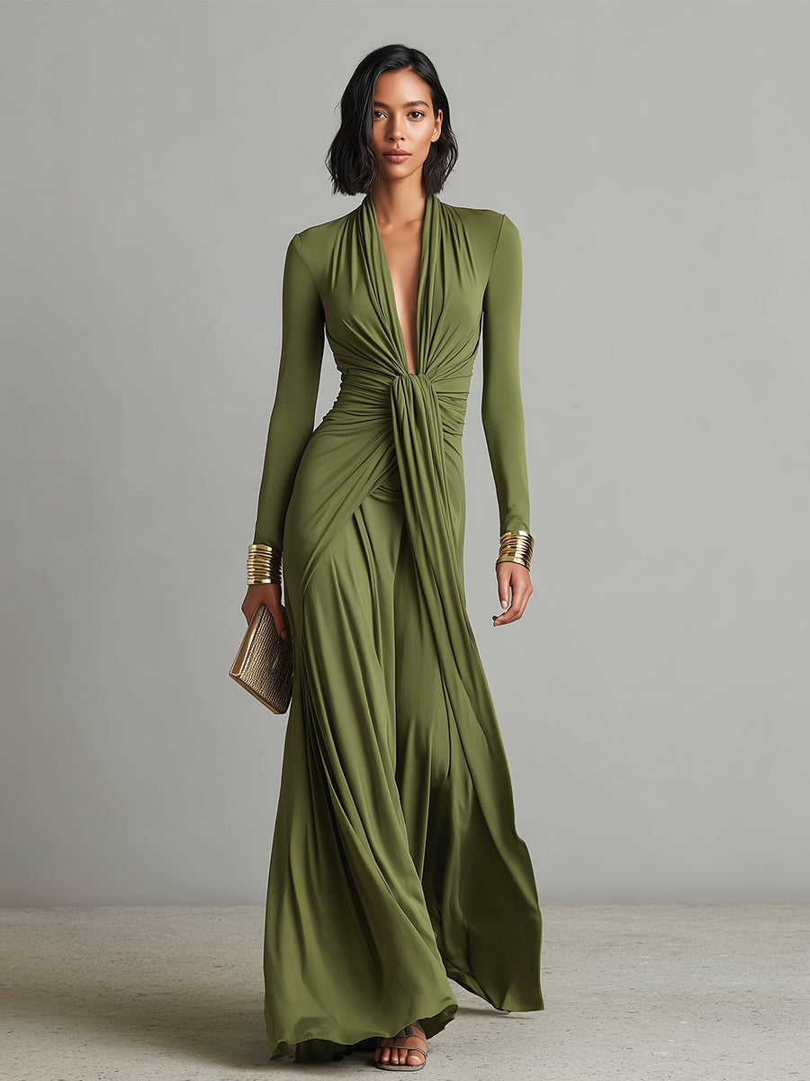 Robe Maxi en Soie Olive Décolleté en V