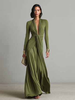 Robe Maxi en Soie Olive Décolleté en V
