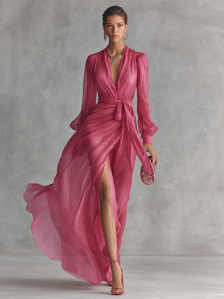 Robe Chiffon Rose avec Décolleté en V
