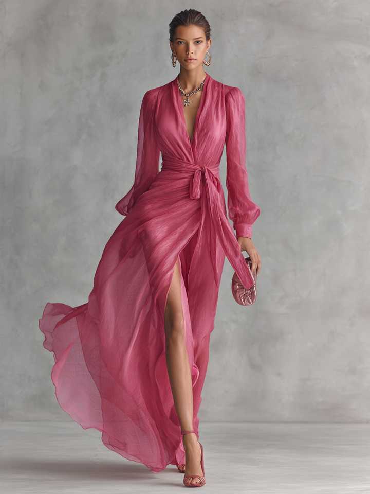 Robe Chiffon Rose avec Décolleté en V