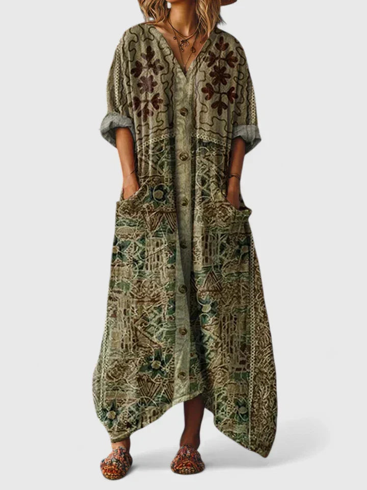Émeraude | Robe maxi à manches longues et décolleté en V