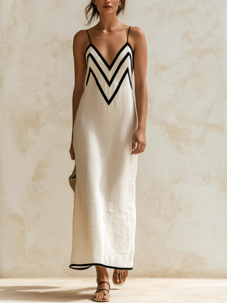 Lova & Lior | Robe longue en lin à motif en chevrons, style chemise de nuit