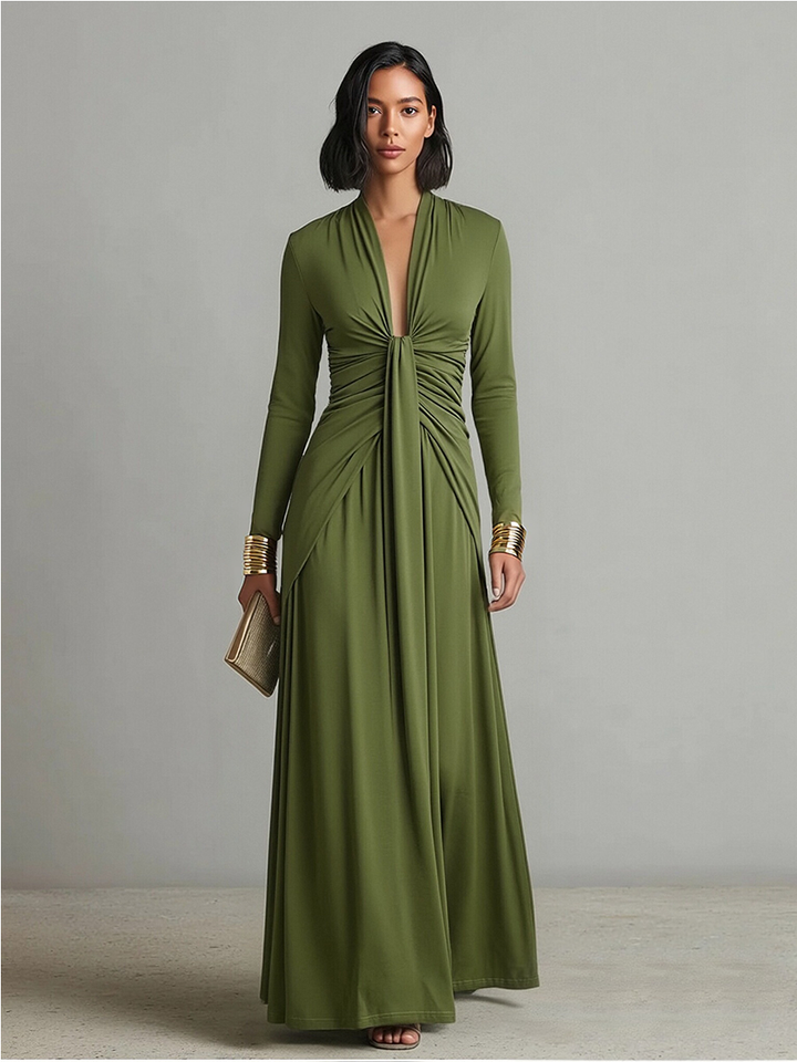 Robe Maxi en Soie Olive Décolleté en V