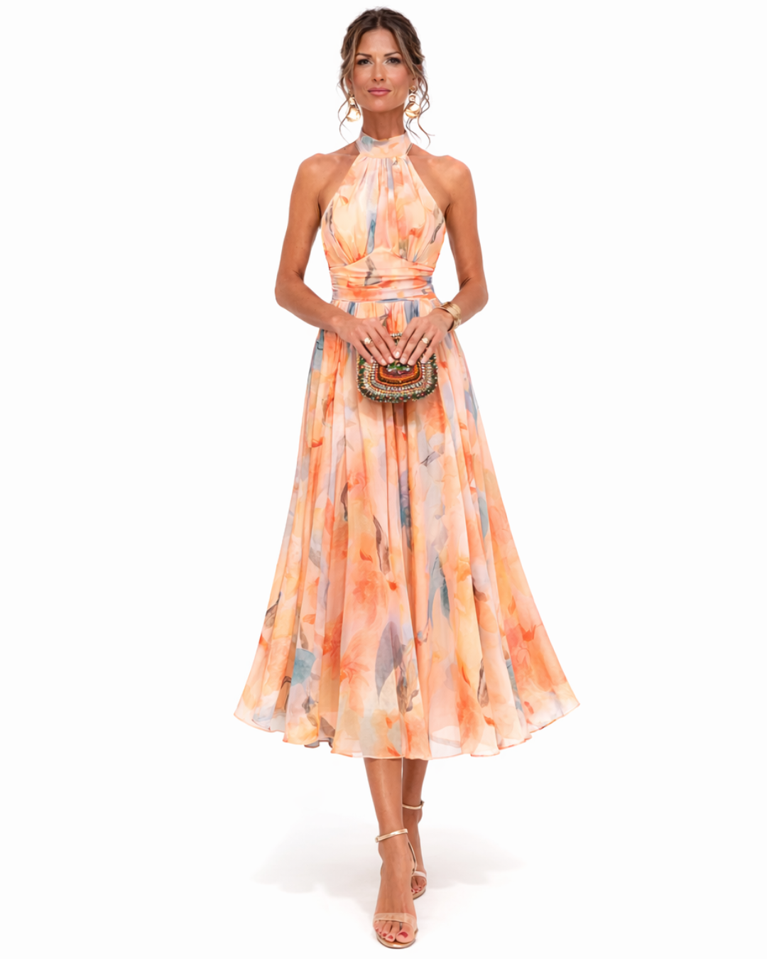 Aurora – Robe avec décolleté halter et impression aquarelle