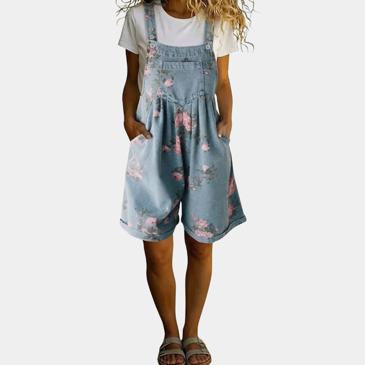 Judy | Salopette Vintage en Denim Lavato avec Sensation de Coton Doux à Fleurs