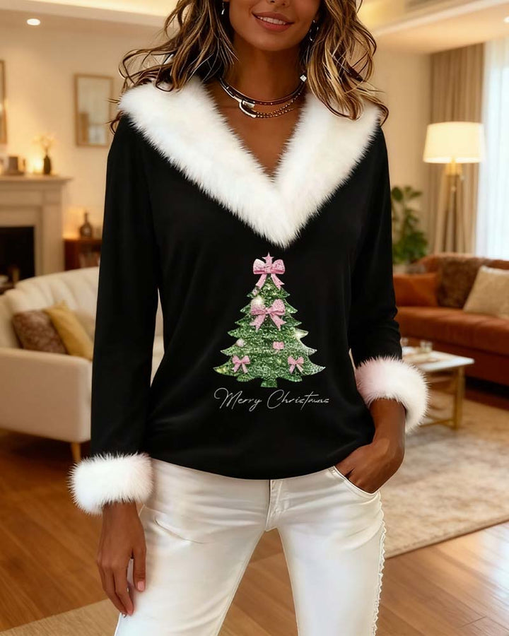 Louella | Pull à col en V avec imprimé sapin de Noël