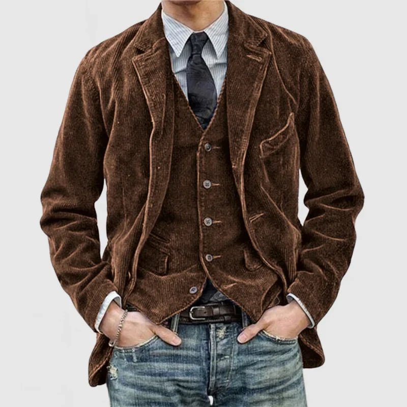 Blazer en Velours Côtelé Vintage avec Gilet pour Hommes