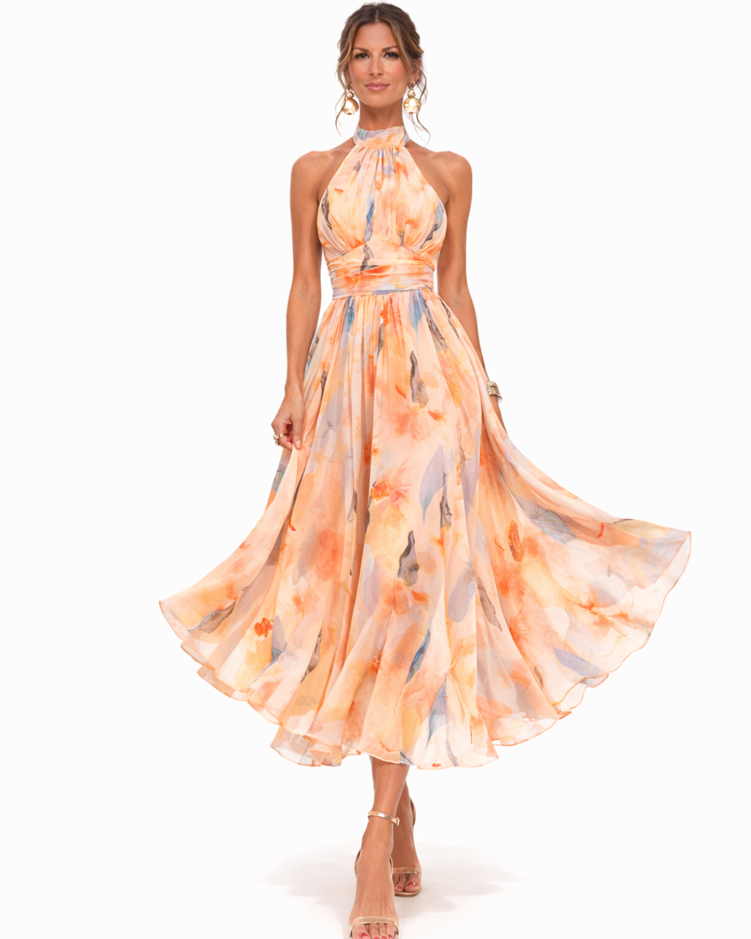 Aurora – Robe avec décolleté halter et impression aquarelle