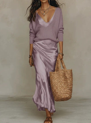 Elena | Robe midi en satin avec pull inclus
