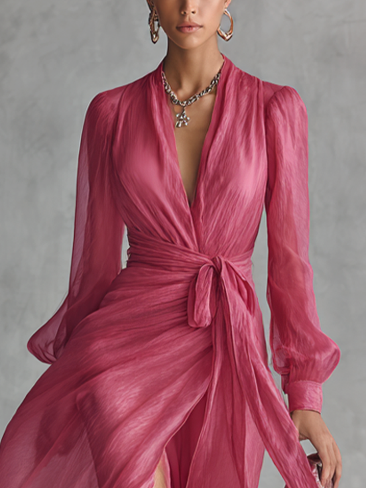 Robe Chiffon Rose avec Décolleté en V