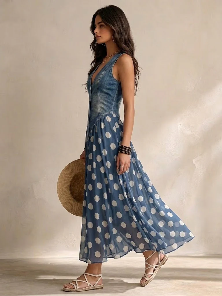 Jasmin - Robe en denim avec jupe en chiffon à pois