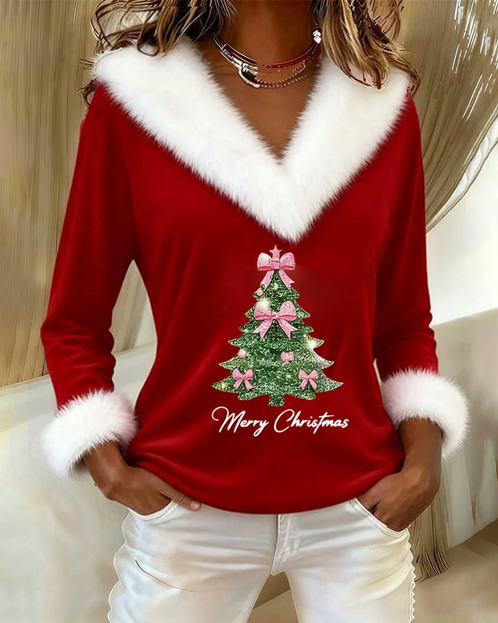 Louella | Pull à col en V avec imprimé sapin de Noël