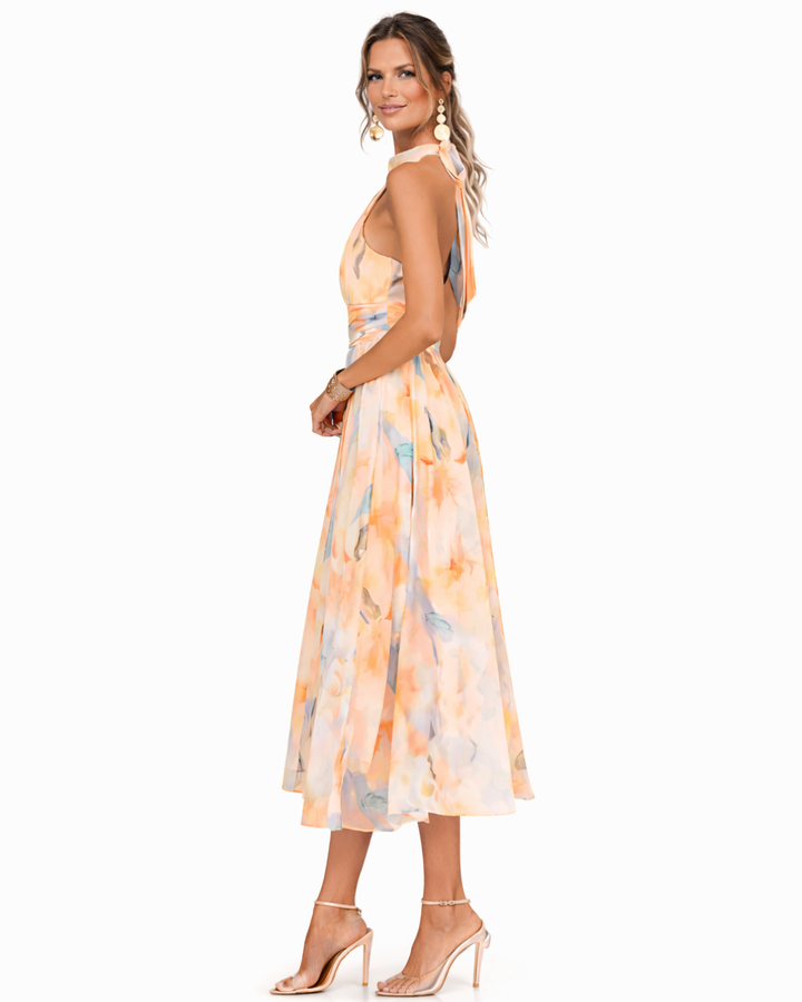 Aurora – Robe avec décolleté halter et impression aquarelle