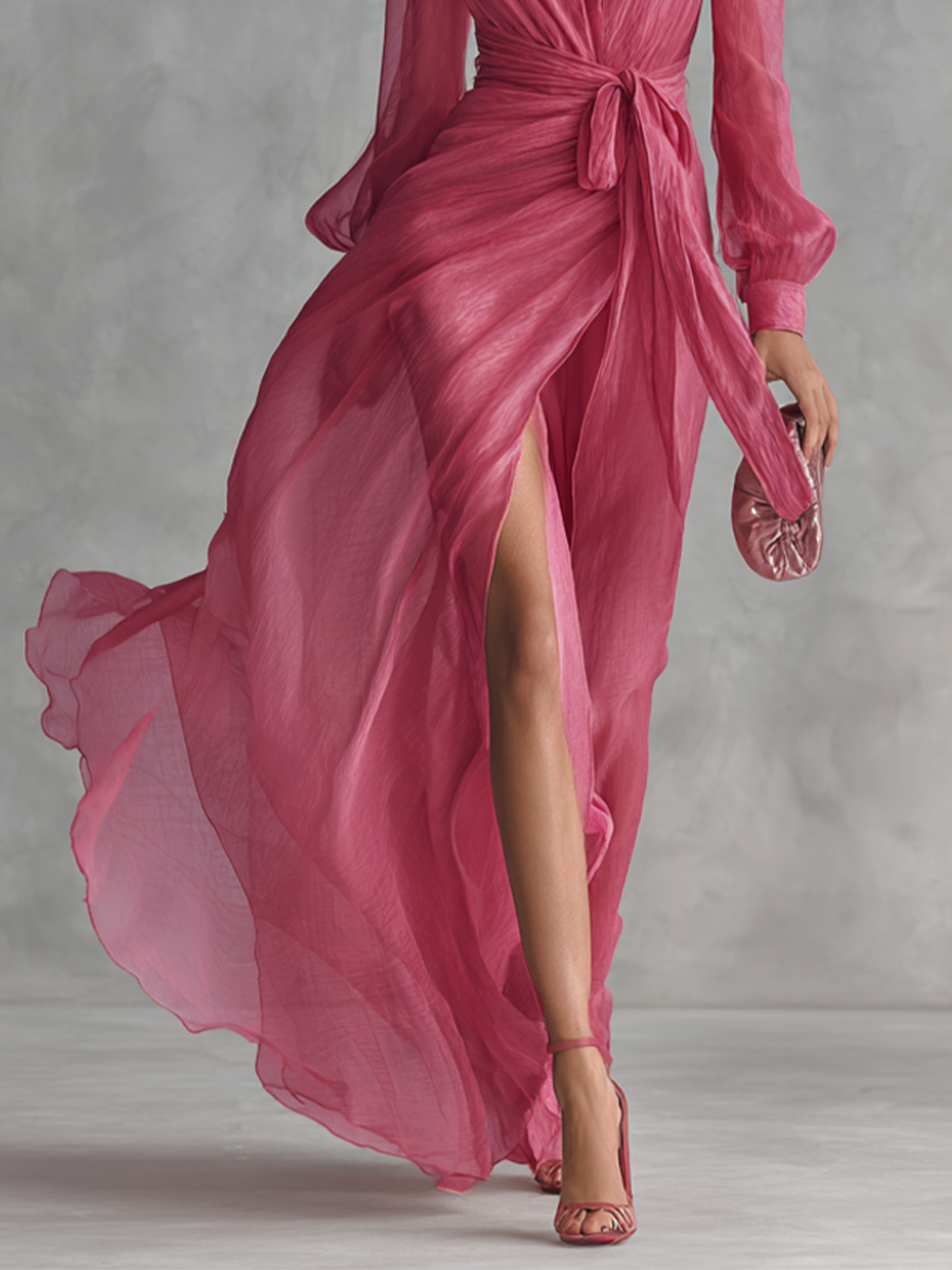 Robe Chiffon Rose avec Décolleté en V