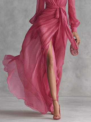 Robe Chiffon Rose avec Décolleté en V