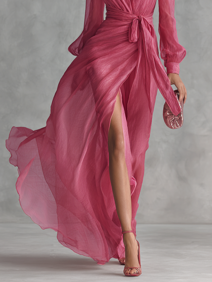 Robe Chiffon Rose avec Décolleté en V
