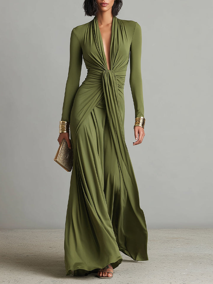 Robe Maxi en Soie Olive Décolleté en V