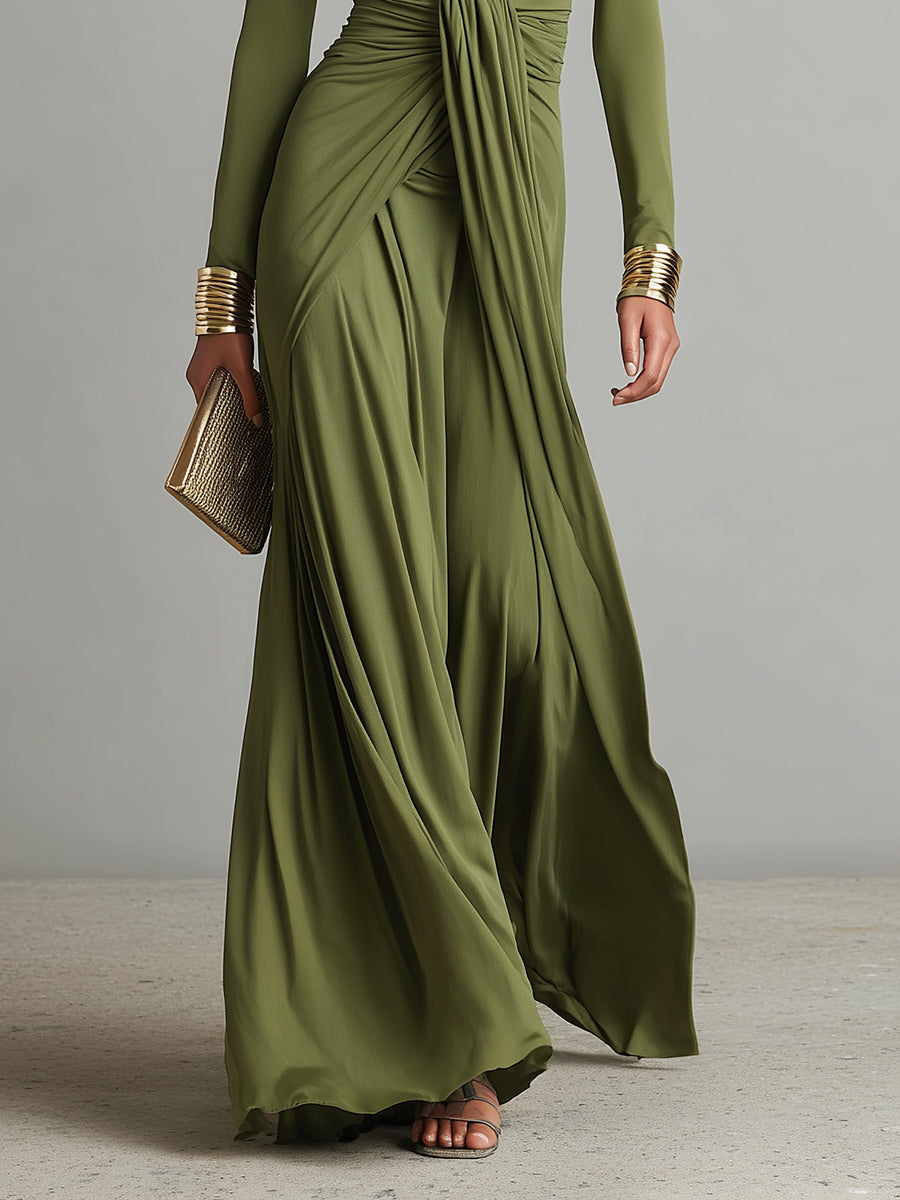 Robe Maxi en Soie Olive Décolleté en V