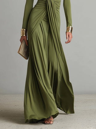 Robe Maxi en Soie Olive Décolleté en V