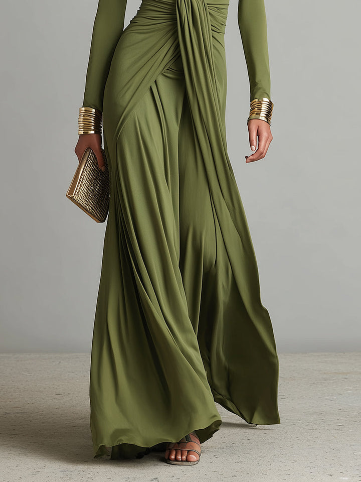 Robe Maxi en Soie Olive Décolleté en V