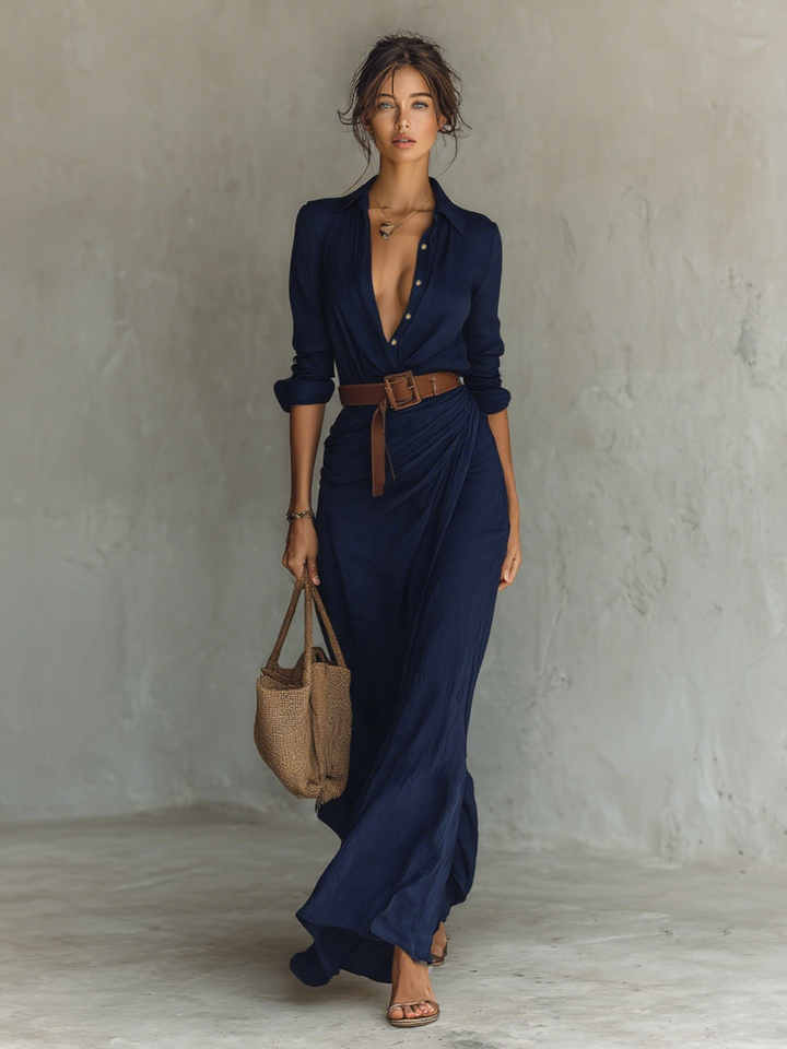 Robe Maxi Col Revers à Manches Longues