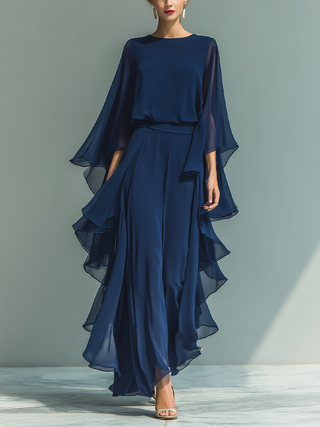Ensemble en Chiffon Bleu Marine à Volants