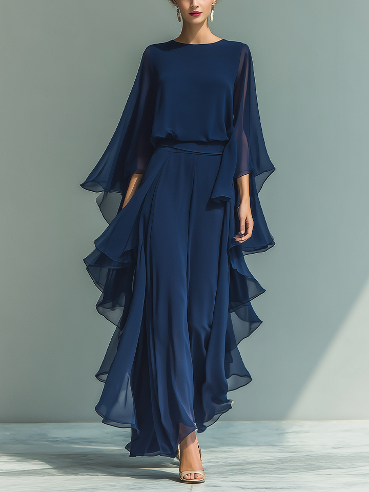 Ensemble en Chiffon Bleu Marine à Volants