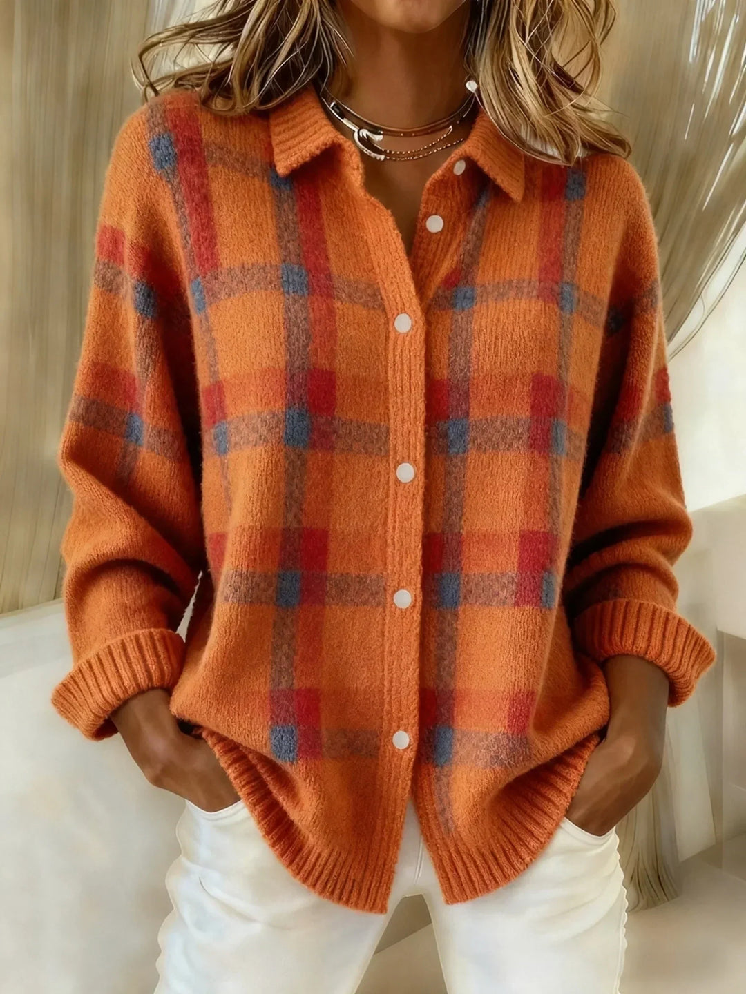 Rowena | Cardigan en tricot à carreaux avec patte de boutonnage