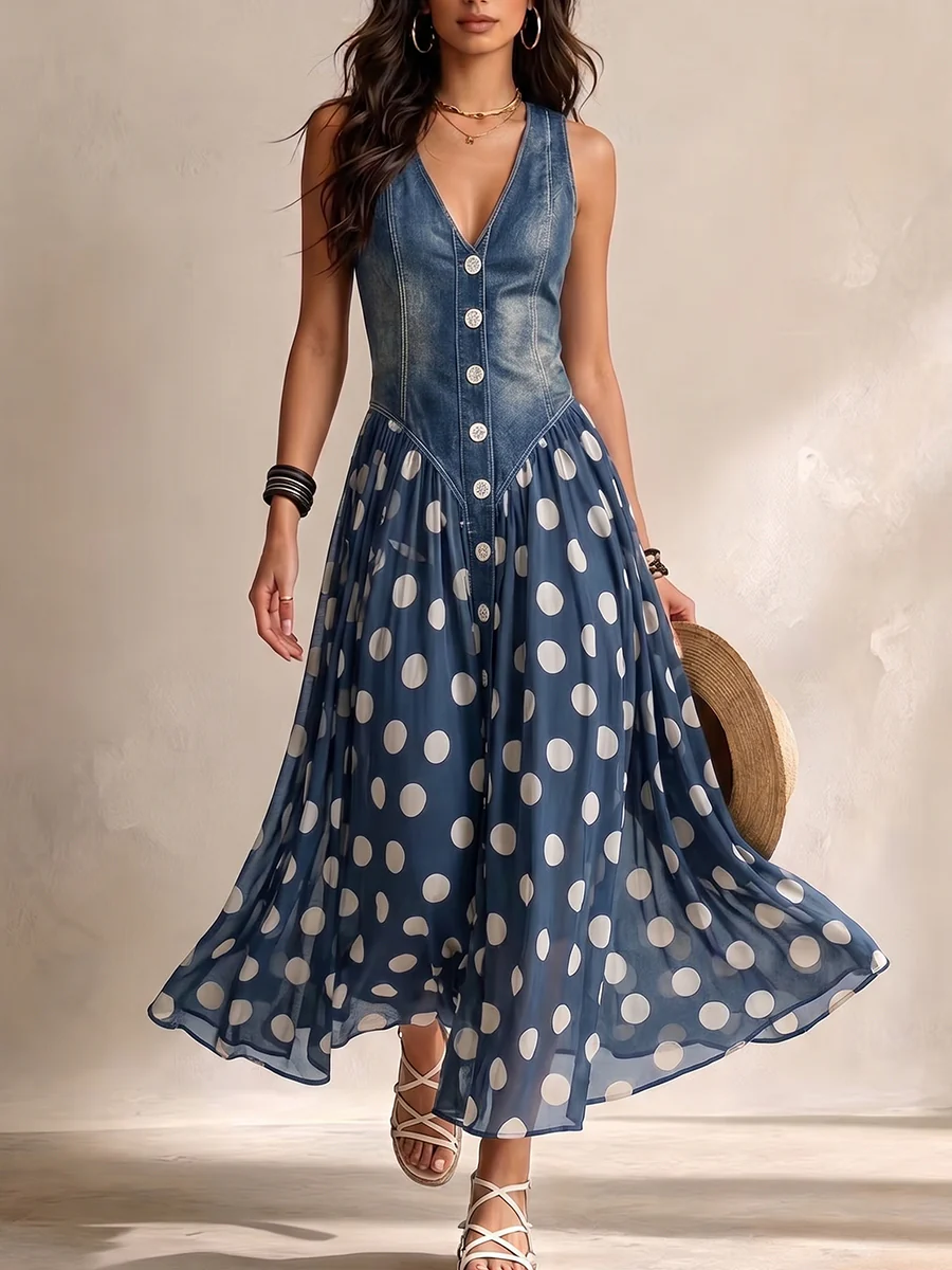 Jasmin - Robe en denim avec jupe en chiffon à pois