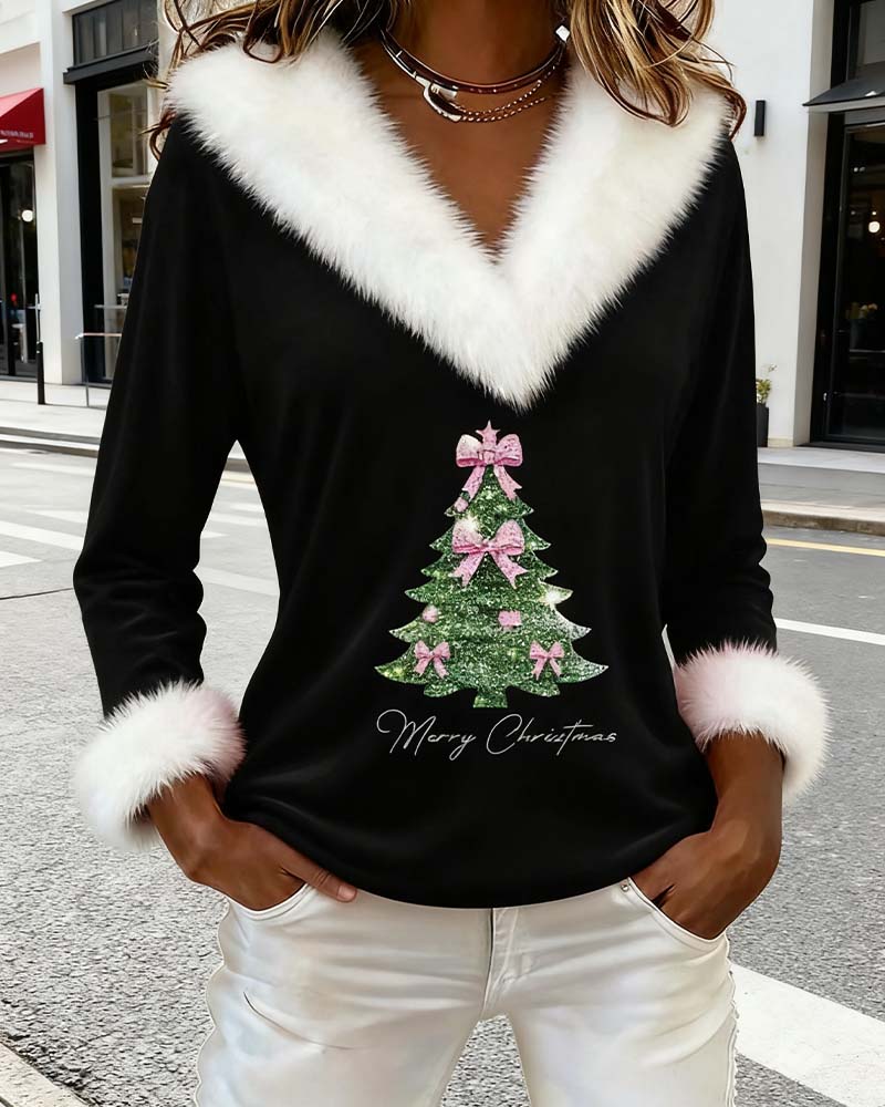 Louella | Pull à col en V avec imprimé sapin de Noël