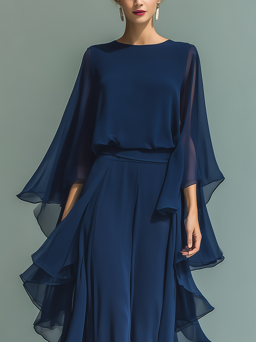 Ensemble en Chiffon Bleu Marine à Volants