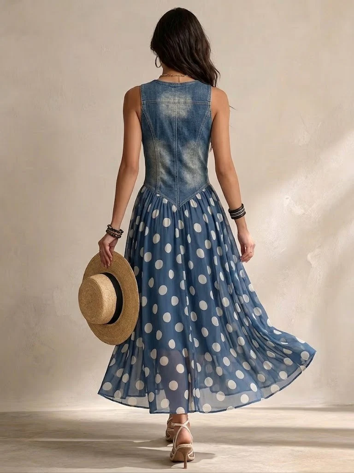 Jasmin - Robe en denim avec jupe en chiffon à pois