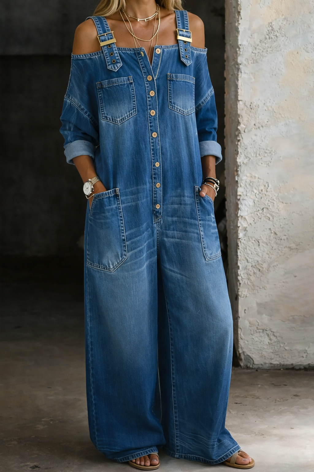 Sophia | Salopette en denim avec épaules dénudées