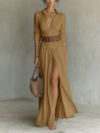 Robe maxi en lin à col revers à manches longues