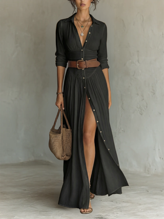 Robe maxi en lin à col revers à manches longues