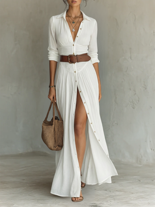 Robe Maxi Plissée en Lin Blanc