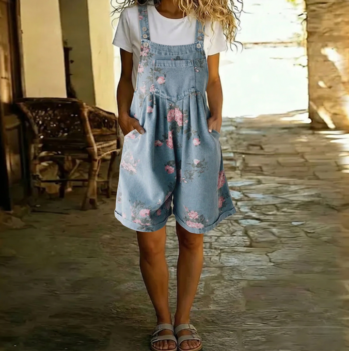 Judy | Salopette Vintage en Denim Lavato avec Sensation de Coton Doux à Fleurs