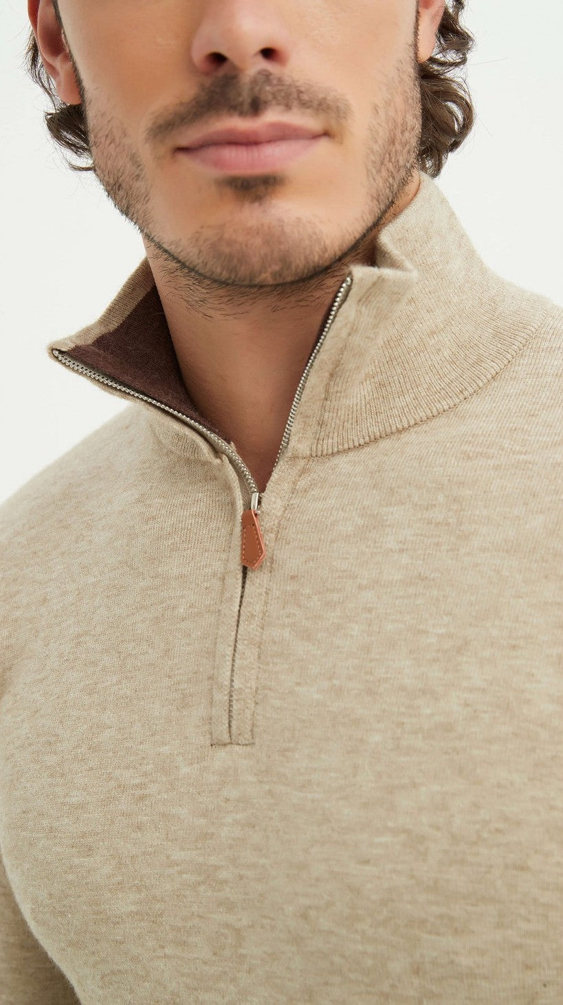 Malte | Pull beige avec demi-zip