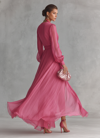 Robe Chiffon Rose avec Décolleté en V