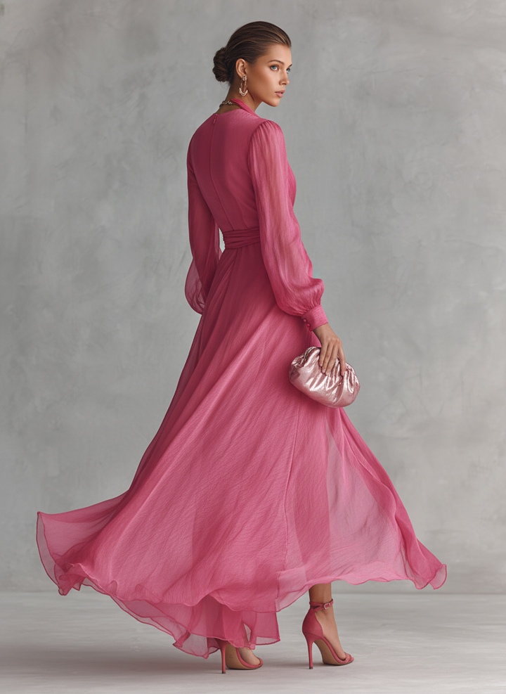 Robe Chiffon Rose avec Décolleté en V