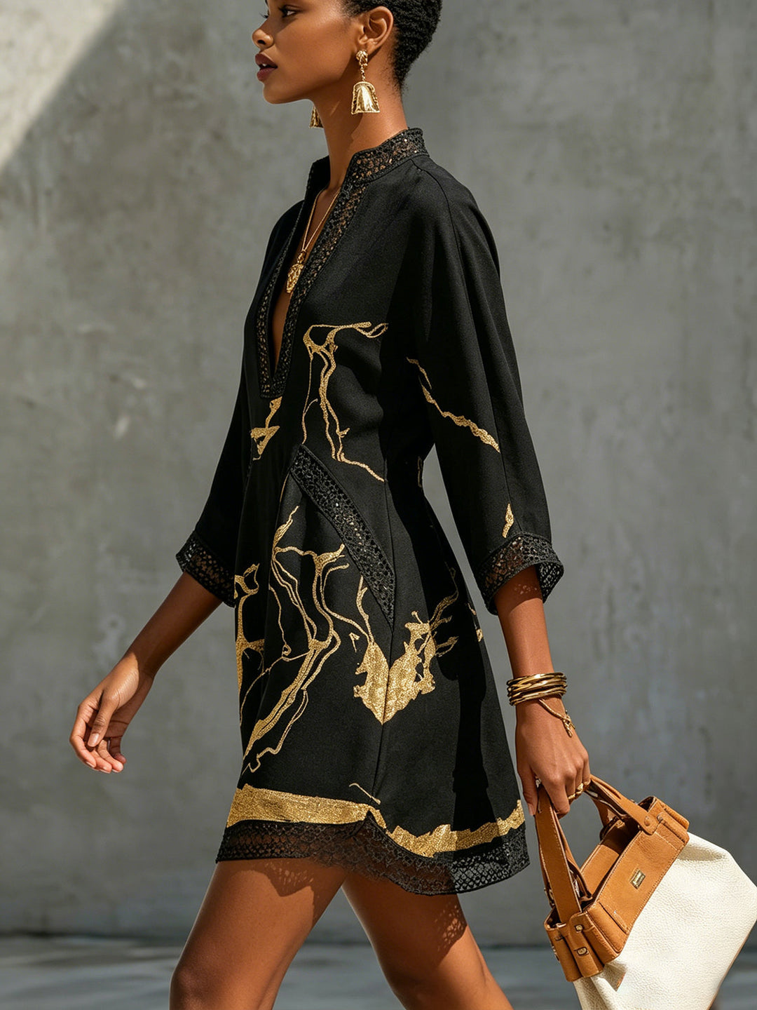 Donatella | Robe Mini Noire Marbrée Dorée