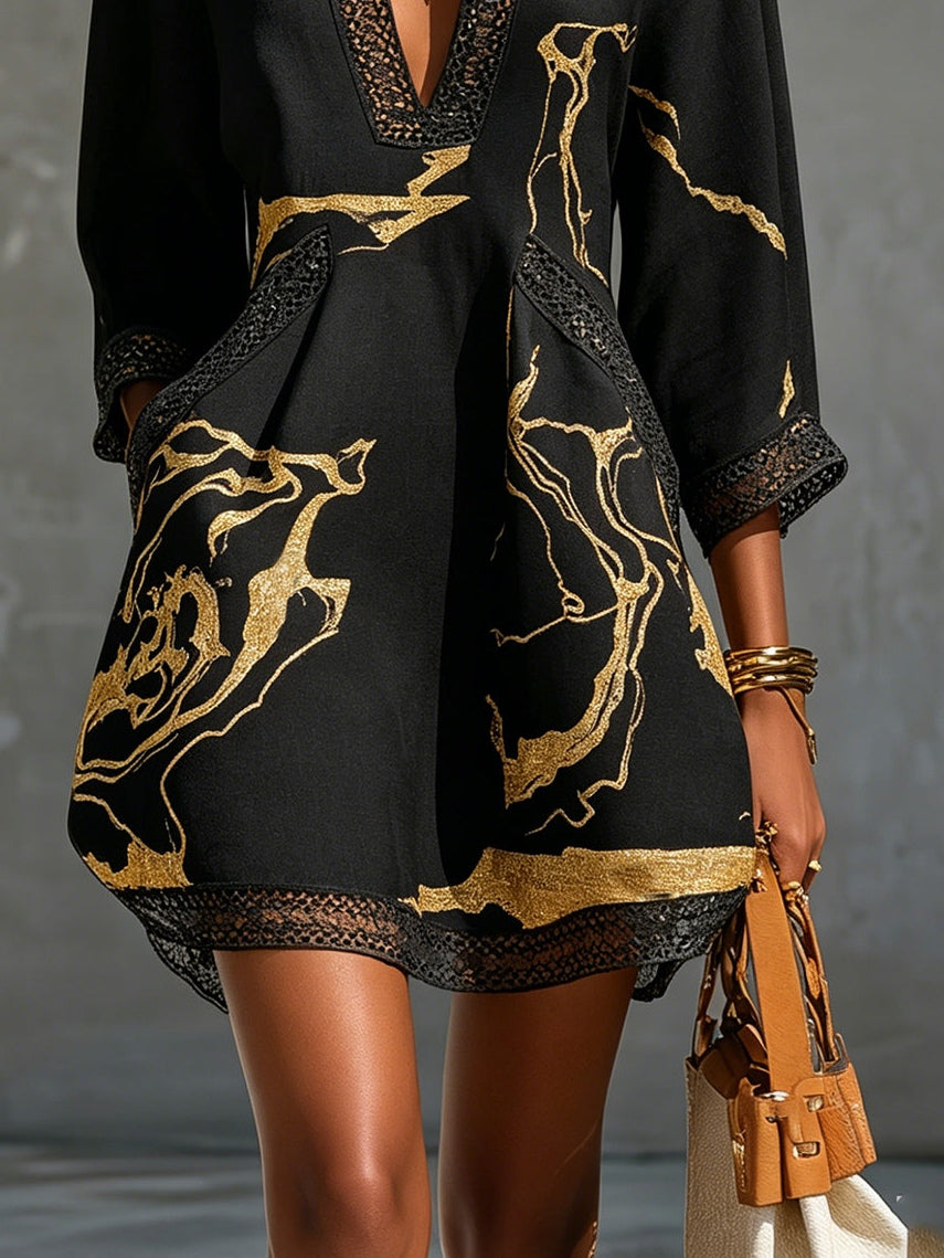 Donatella | Robe Mini Noire Marbrée Dorée