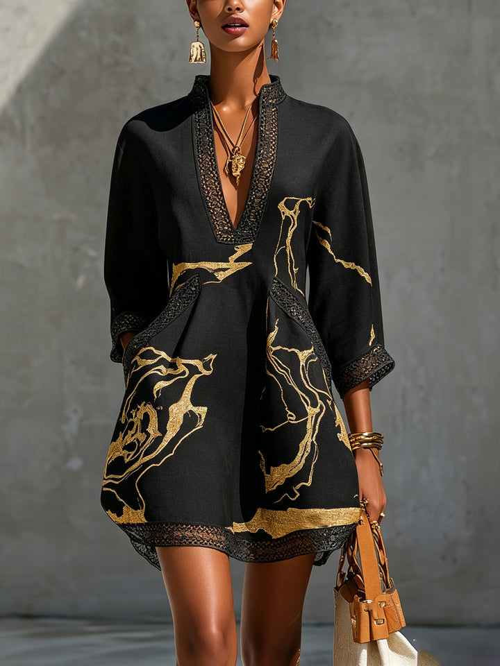 Donatella | Robe Mini Noire Marbrée Dorée