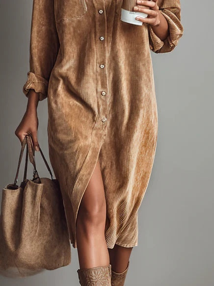 Marrie | Robe midi en velours côtelé avec patte de boutonnage