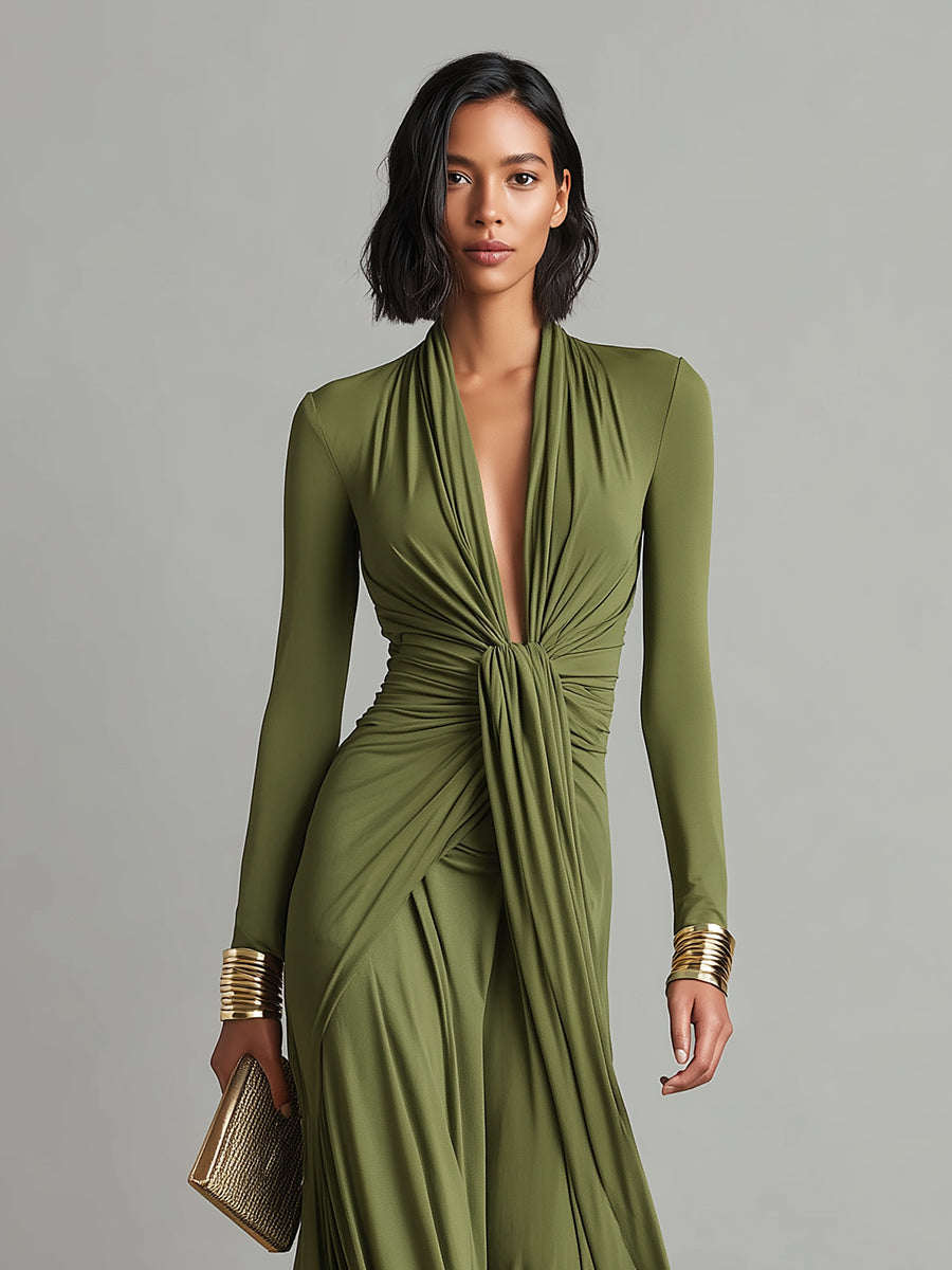 Robe Maxi en Soie Olive Décolleté en V