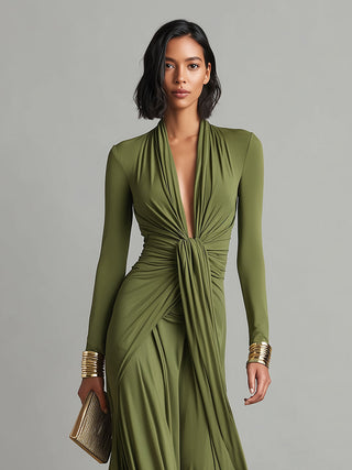 Robe Maxi en Soie Olive Décolleté en V