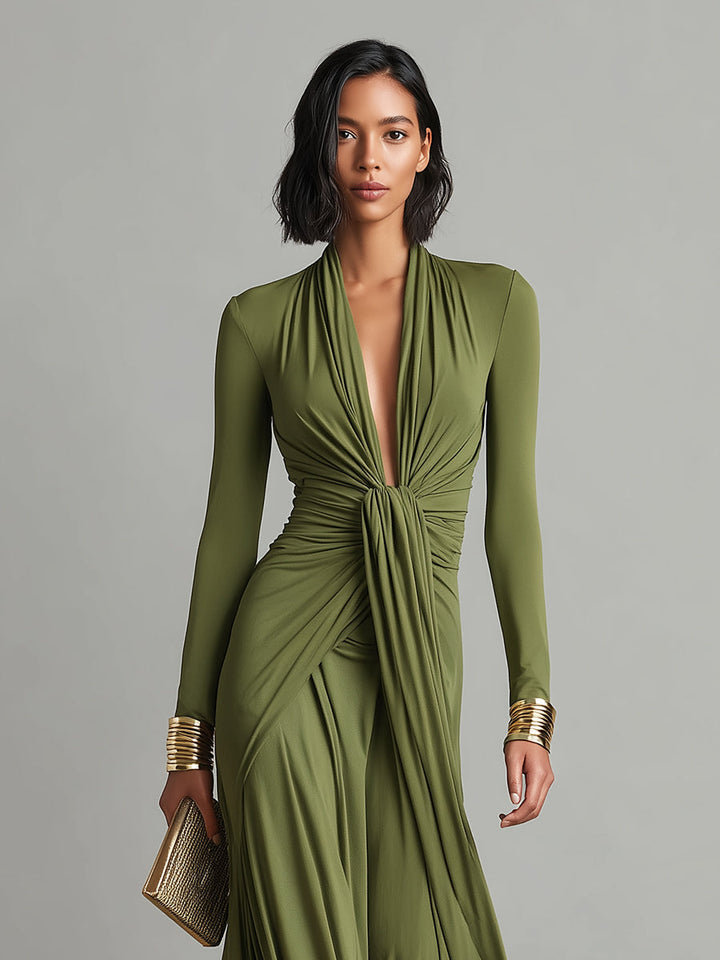 Robe Maxi en Soie Olive Décolleté en V