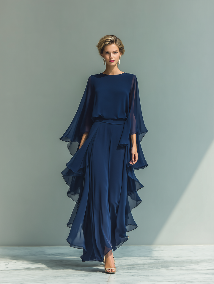 Ensemble en Chiffon Bleu Marine à Volants