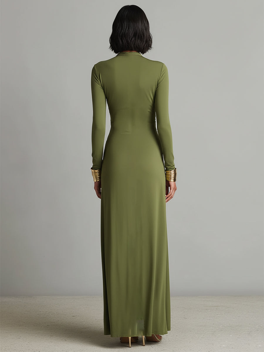 Robe Maxi en Soie Olive Décolleté en V