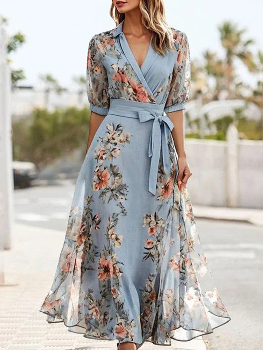 Mila - Robe midi bleue à décolleté en V et manches courtes